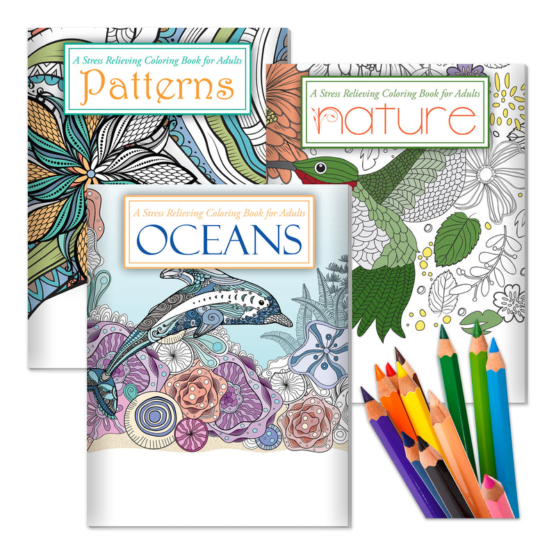 Three coloring books on a white background with colored pencils.