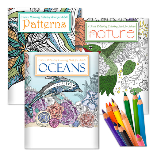 Three coloring books on a white background with colored pencils.