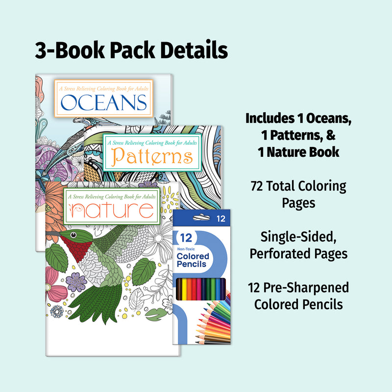 3-Pack Adult Coloring Books: Oceans, Nature and Patterns - Includes 12 Colored Pencils