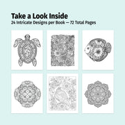 Promotional graphic for a coloring book with six black and white designs on a light blue background.