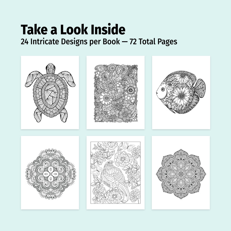 Promotional graphic for a coloring book with six black and white designs on a light blue background.