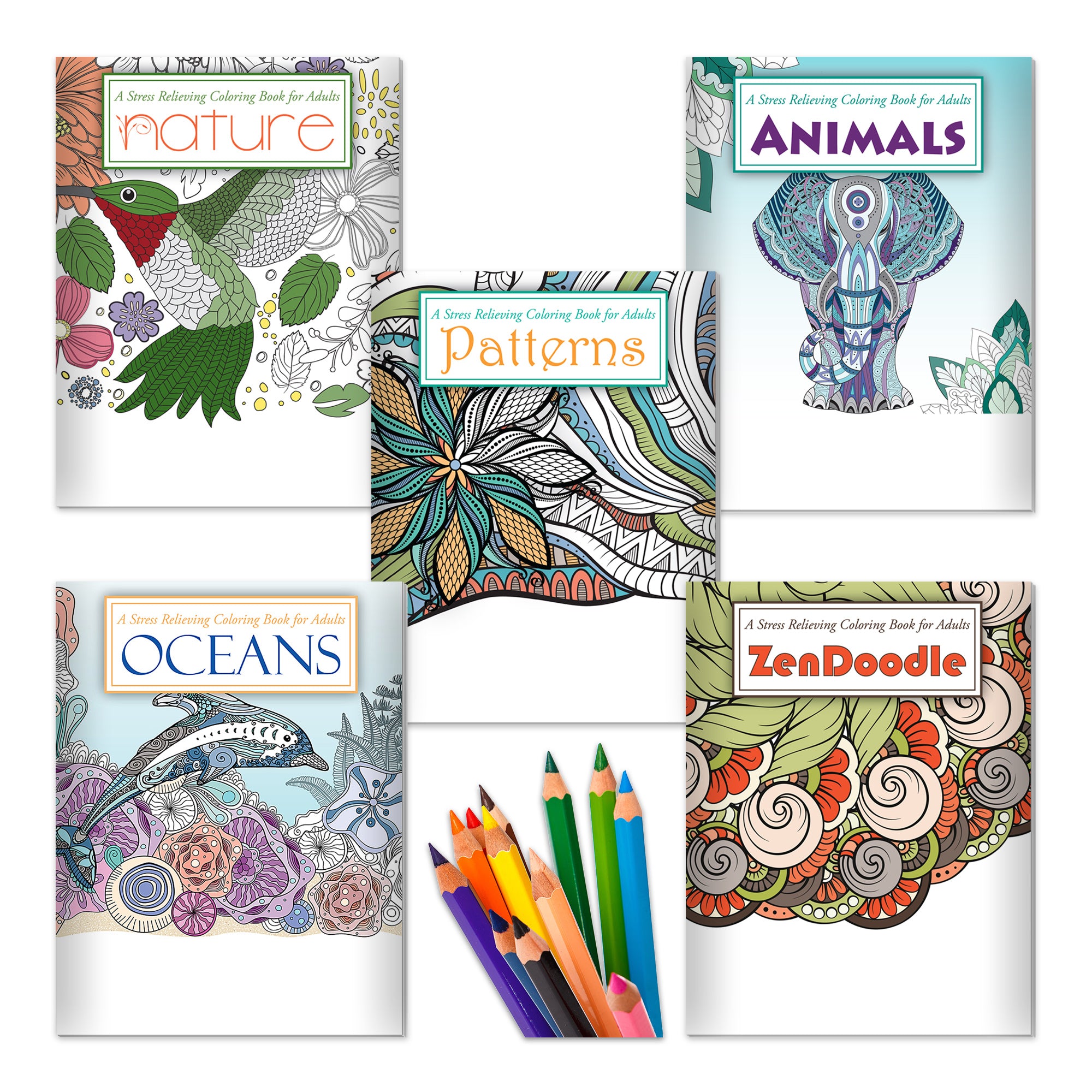 Gift Kit: 5 Stress Relieving Adult Coloring Books with Pencils
