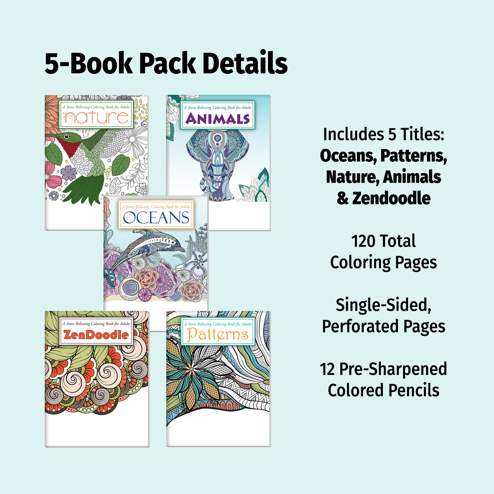 Gift Kit: 5 Stress Relieving Adult Coloring Books with Pencils