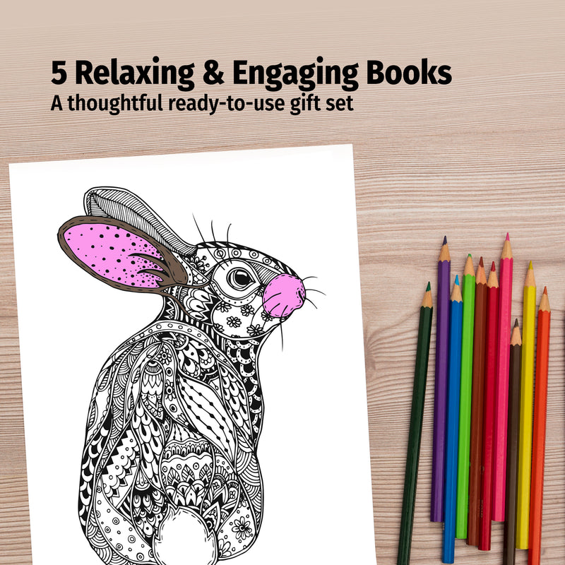 5-Pack Adult Stress Relieving Coloring Books with Colored Pencils - Complete Gift Set