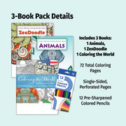 Adult Coloring Book Gift Set - 3 Books with Colored Pencils - Coloring the World, Zen Doodles & Animals