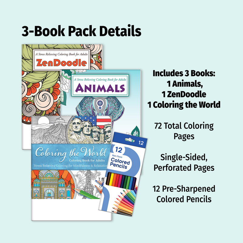 Adult Coloring Book Gift Set - 3 Books with Colored Pencils - Coloring the World, Zen Doodles & Animals