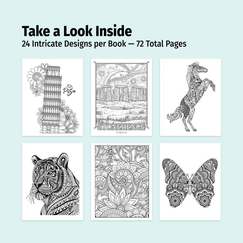 Adult Coloring Book Gift Set - 3 Books with Colored Pencils - Coloring the World, Zen Doodles & Animals