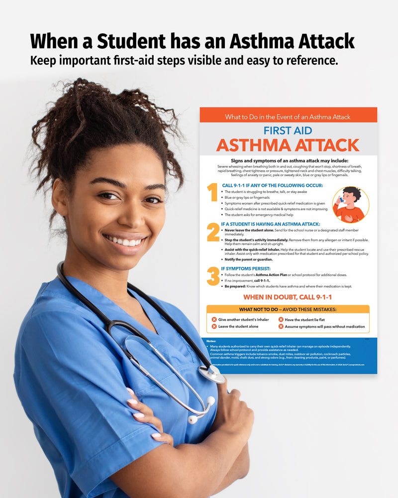 Laminated asthma attack first aid poster for school nurse offices and classrooms