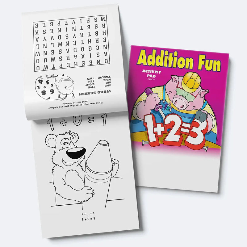 Addition Fun kids mini activity pad with addition games mazes coloring and puzzles