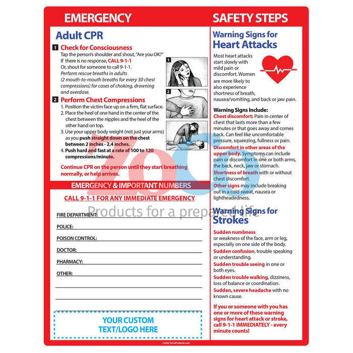 Adult CPR/Heart Attack/Stroke - Quick Reference Cards - (Min. Qty 100)