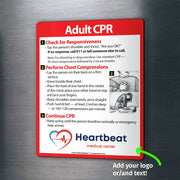 CPR card with instructions on a metallic surface, featuring the Heartbeat Medical Center logo.