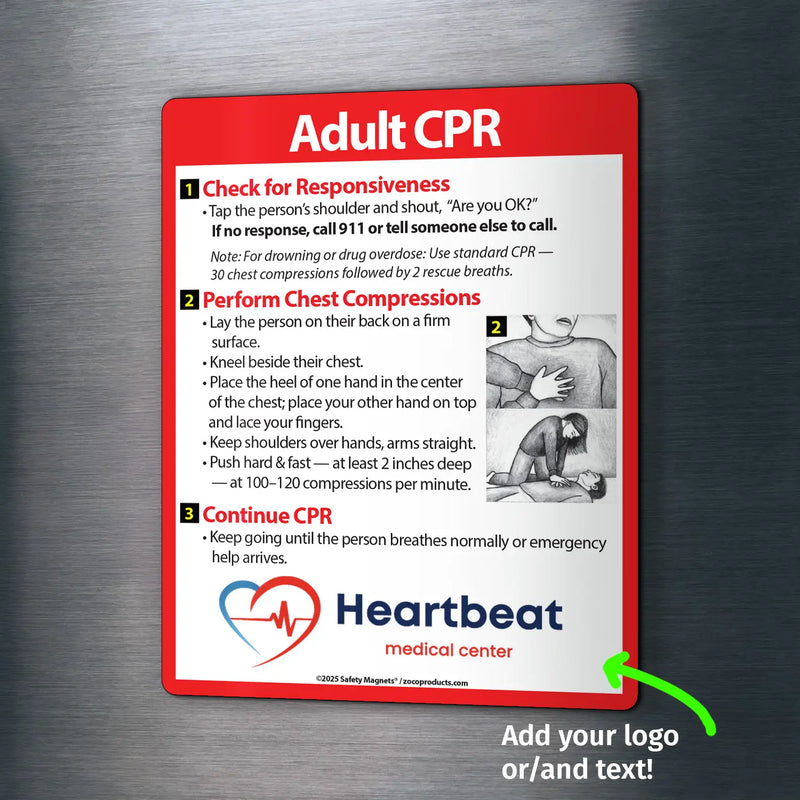 CPR card with instructions on a metallic surface, featuring the Heartbeat Medical Center logo.