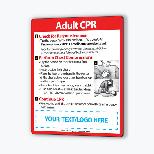Adult CPR instruction card with red border on a white background