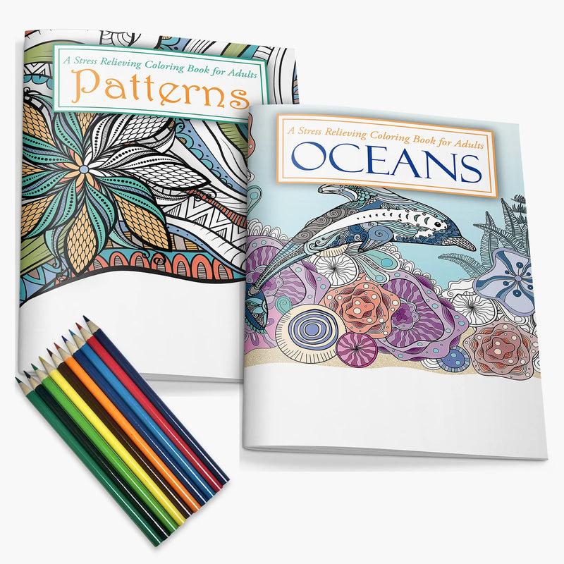 Gift Pack: 2 Adult Coloring Books: Oceans and Patterns - Includes 10 Pencils
