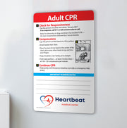 CPR instruction card with Heartbeat Medical Center logo on a white background