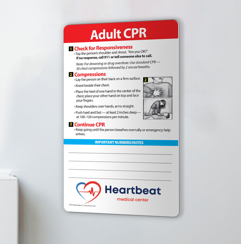 CPR instruction card with Heartbeat Medical Center logo on a white background