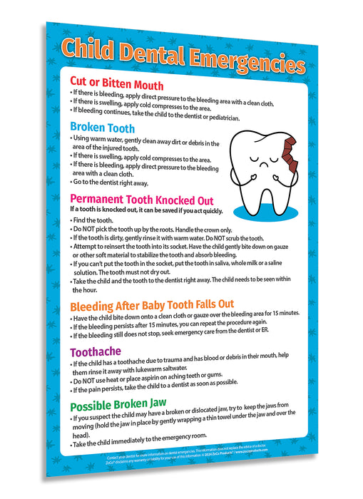 Kids Dental Emergencies Poster - 12"x18" - Laminated