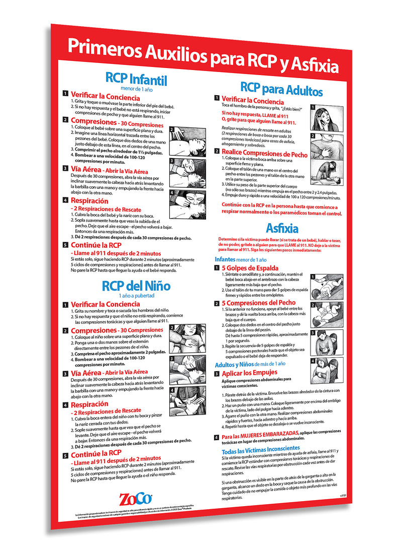 CPR & Choking First Aid (Spanish) — Infant, Child & Adult — Laminated Poster