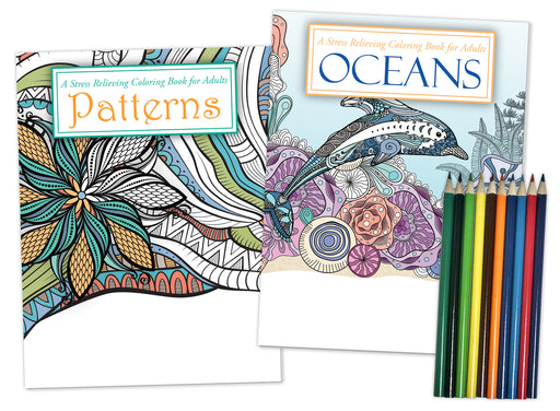 Gift Pack: 2 Adult Coloring Books: Oceans and Patterns - Includes 10 Pencils