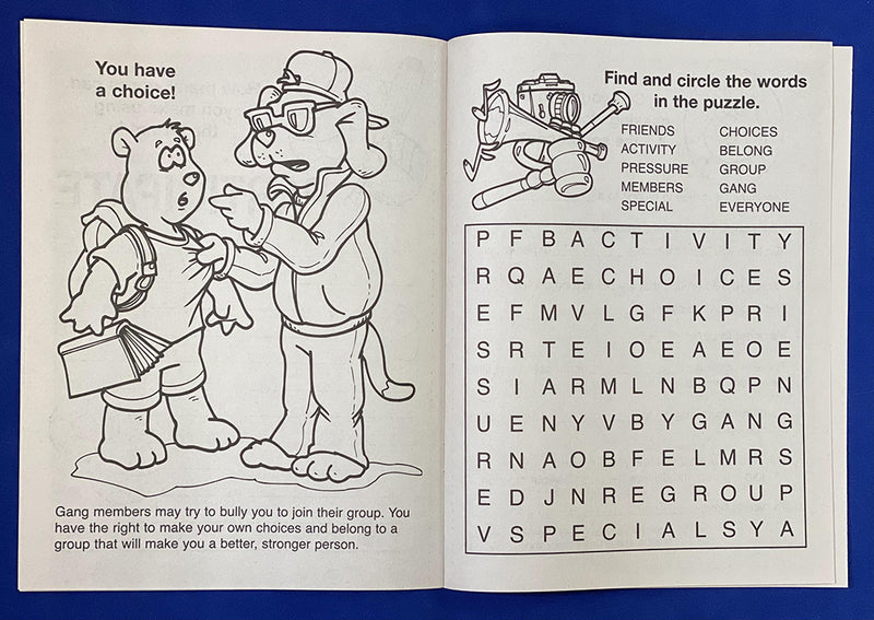 Inside pages of Gangs Are Not For You kids coloring and activity book