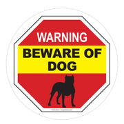 Warning sign with 'Beware of Dog' text and a dog silhouette on a red and yellow background.