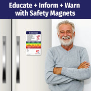 Blood pressure management magnet with 9 steps to maintain healthy levels, including monitoring regularly, eating a balanced diet, limiting sodium, exercising, reducing alcohol, quitting smoking, managing stress, and taking medications if prescribed. Features a color-coded blood pressure chart from normal to hypertensive crisis, with emergency contact fields and customizable logo/text area at the bottom.