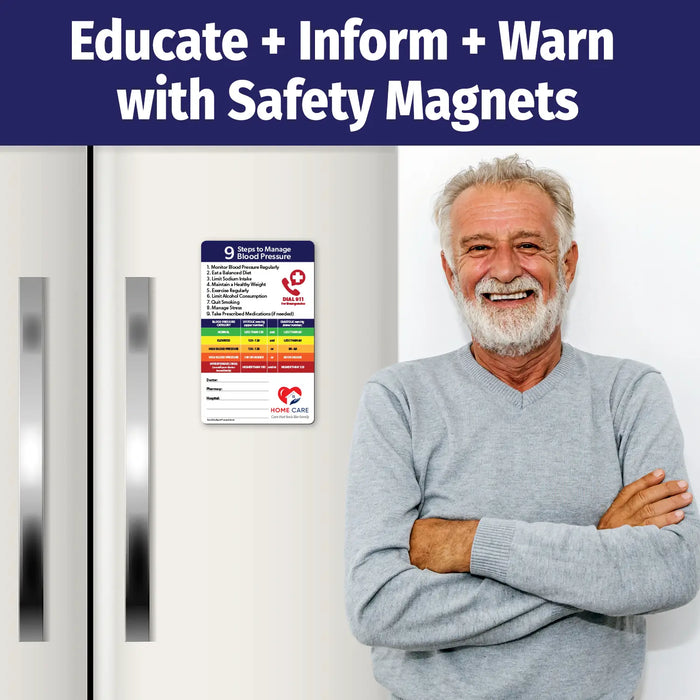Blood pressure management magnet with 9 steps to maintain healthy levels, including monitoring regularly, eating a balanced diet, limiting sodium, exercising, reducing alcohol, quitting smoking, managing stress, and taking medications if prescribed. Features a color-coded blood pressure chart from normal to hypertensive crisis, with emergency contact fields and customizable logo/text area at the bottom.