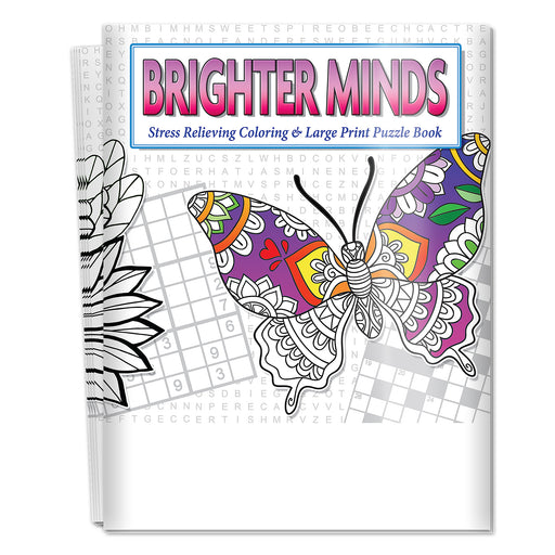 Coloring and large print puzzle book titled 'Brighter Minds' with a butterfly design on the cover.