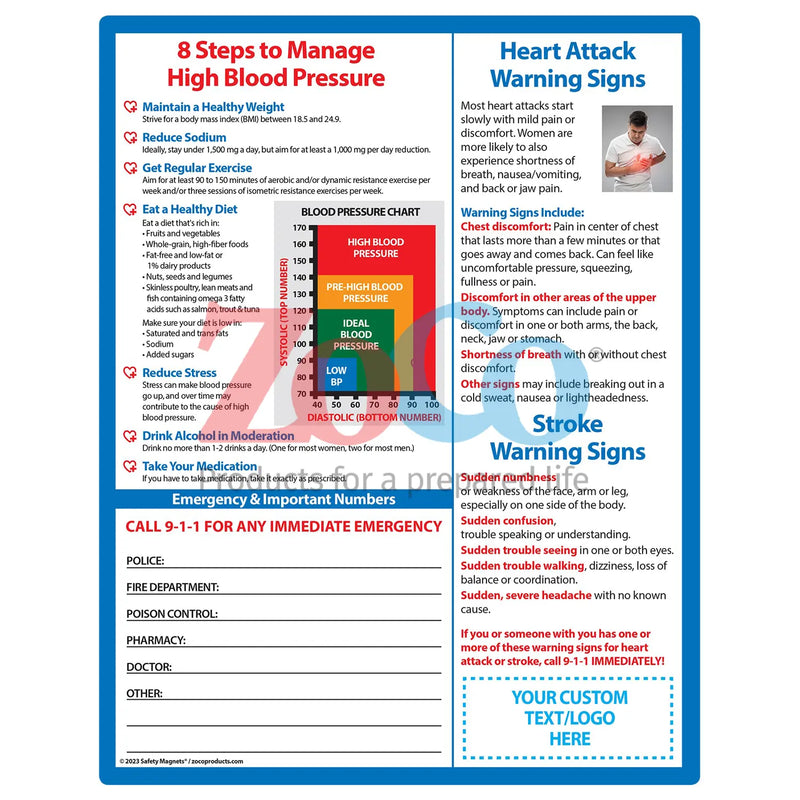 Blood Pressure, Heart Attack & Stroke Warning Signs - Quick Reference Cards - 8.5" x 11" - (Min.Qty 100)