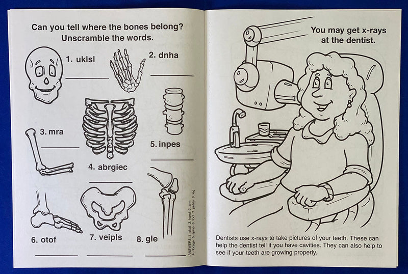 Kids X-ray coloring book inside pages about medical imaging and what to expect