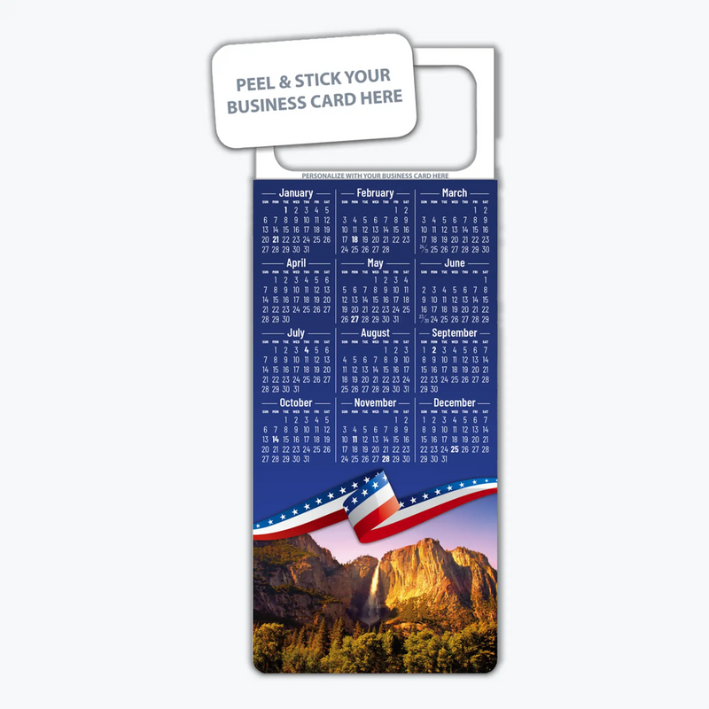 2026 Patriotic Yosemite Mountains Calendar Magnet - 300 Count - Your Business Card Sticks on Top