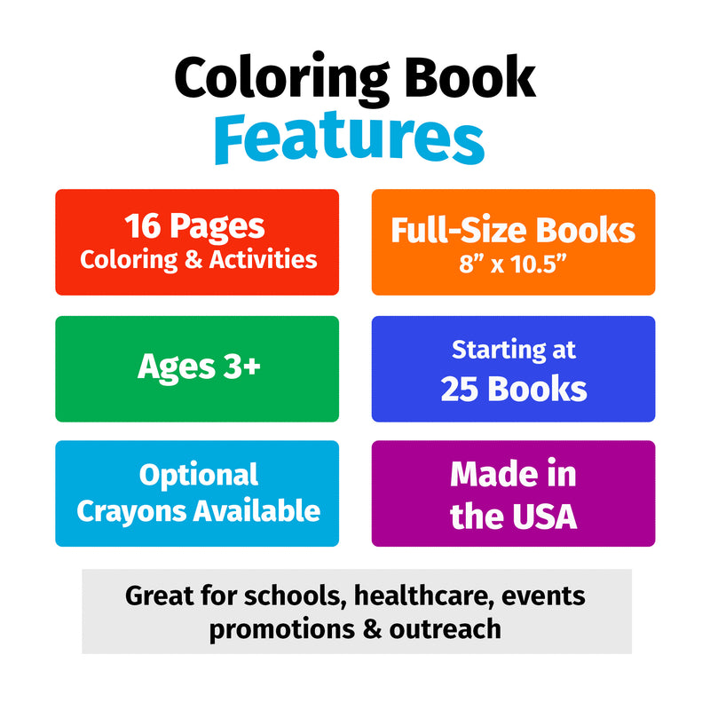 Coloring book features including 16 pages, ages 3+, bulk quantities, optional crayons and Made in the USA