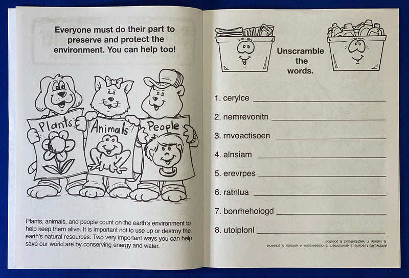 Inside pages of Saving Energy and Water kids coloring and activity book