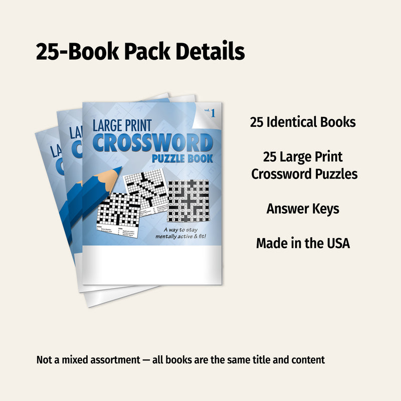 Packaging of 25 large print crossword puzzle books with text detailing contents and origin.