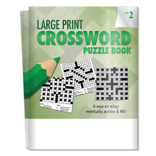 Large Print Crossword Puzzle Book with green cover and pencil illustration