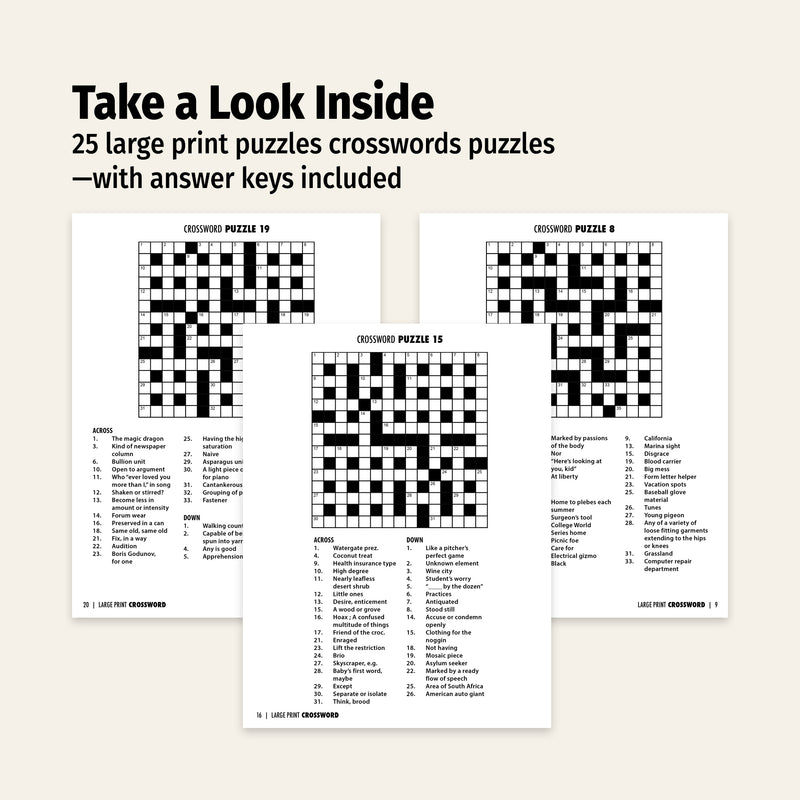 Crossword puzzle book with sample puzzles and answer keys on a white background
