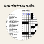 Circular crossword puzzle with large print clues on a beige background