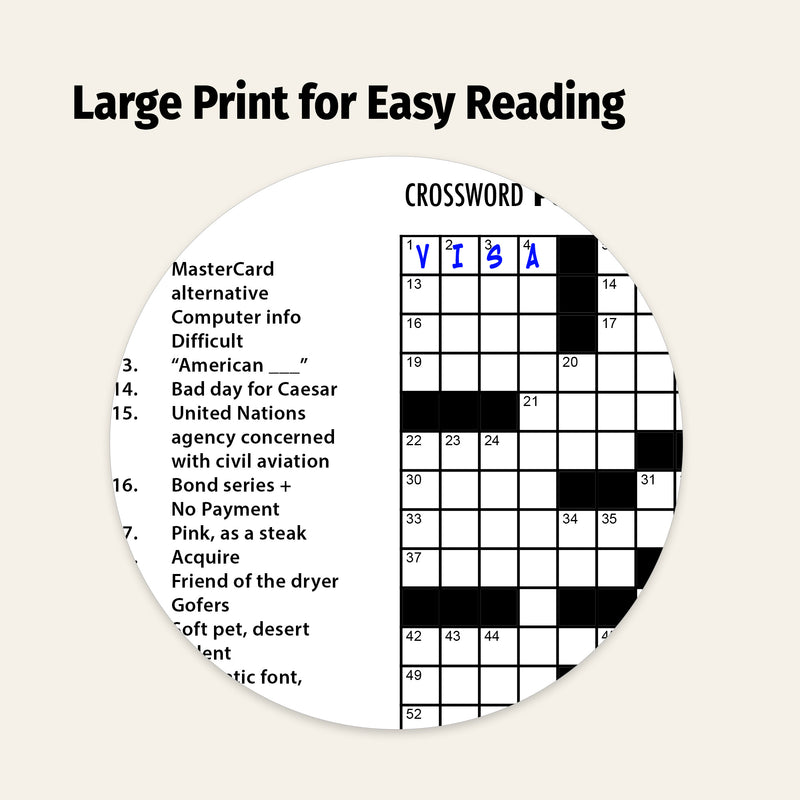 Circular crossword puzzle with large print clues on a beige background