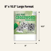 Large print crossword puzzle book with dimensions labeled on a beige background