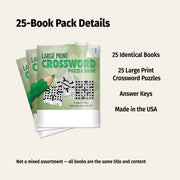 Packaging of 25 large print crossword puzzle books with a green cover.