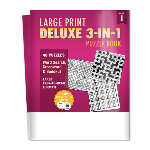 Large print deluxe 3-in-1 puzzle book with word search, crossword, and Sudoku on a white background
