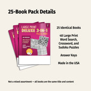 25-book pack of 'Large Print Deluxe 3-in-1 Puzzle Book' with details on a white background.