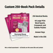Custom 250-book pack of 'Large Print Deluxe 3-in-1 Puzzle Book' with Harmony House branding.