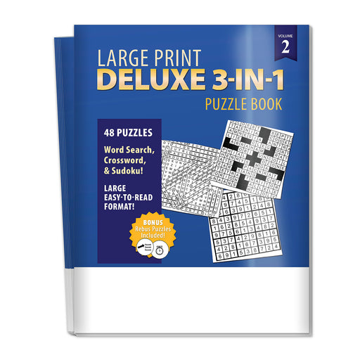 Large Print Deluxe 3-in-1 Puzzle Book with crossword and Sudoku puzzles on a blue cover.