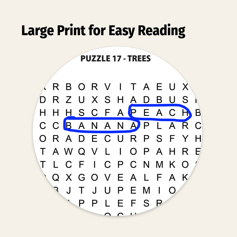 Designed for seniors, adults with low vision, and anyone who prefers easy-to-read word search puzzles.