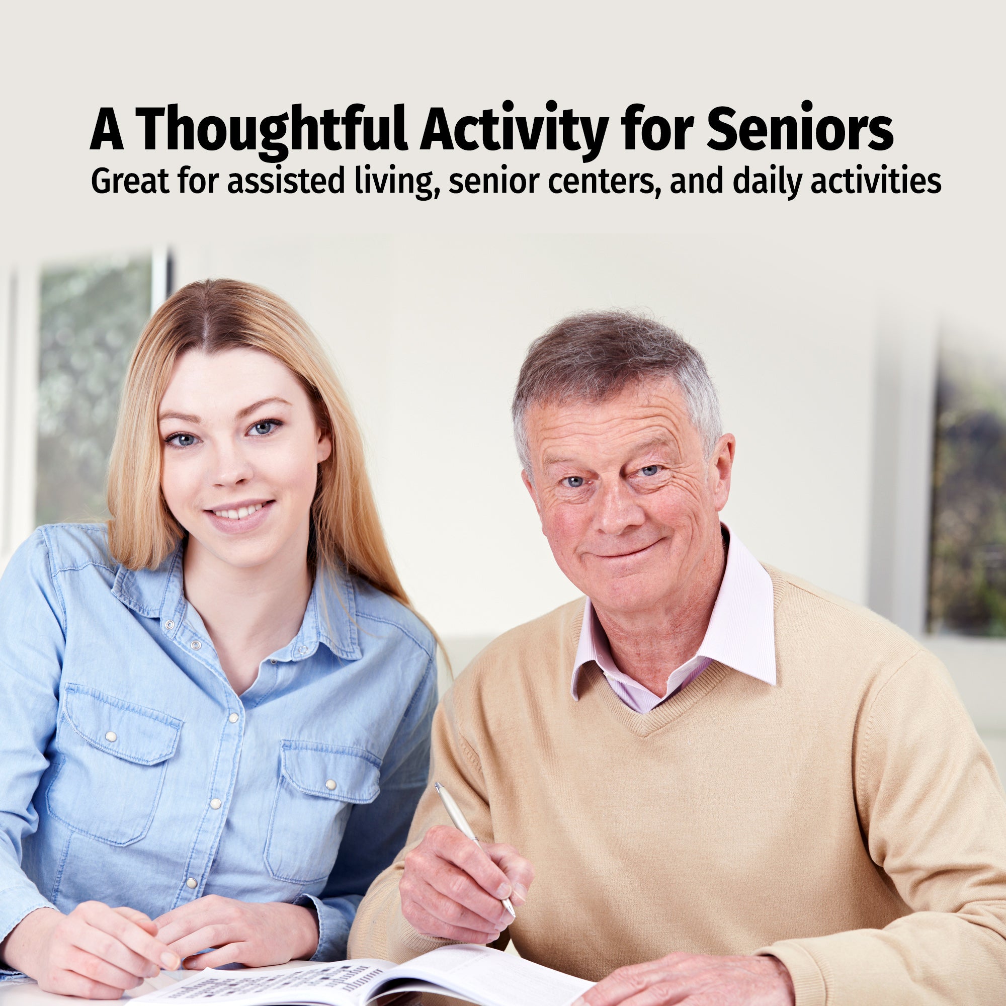Two people sitting together with text about a thoughtful activity for seniors.