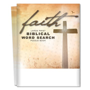 Book titled 'Faith: Large Print Biblical Word Search Puzzle Book' with a cross and text on the cover.