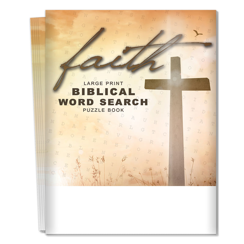 Book titled 'Faith: Large Print Biblical Word Search Puzzle Book' with a cross and text on the cover.