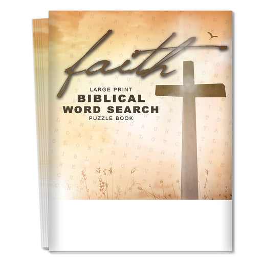 Book titled 'Faith: Large Print Biblical Word Search Puzzle Book' with a cross and text on the cover.