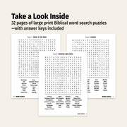 Pages from a book with large print Biblical word search puzzles on a white background.